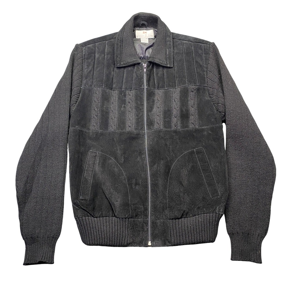 Peter Et Jon Mens Black Suede Leather Mixed Media Knit Bomber Jacket Medium